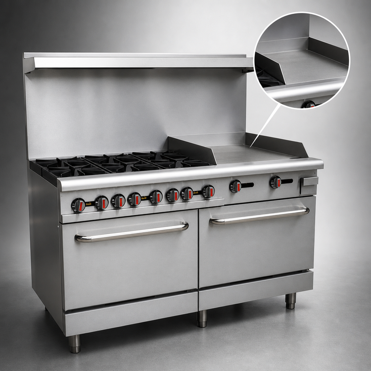 Product image #4 for Hurakan by Equip.me 60-Inch Heavy Duty Commercial Gas Range with 6 Open Burners, Griddle, and 2 Ovens