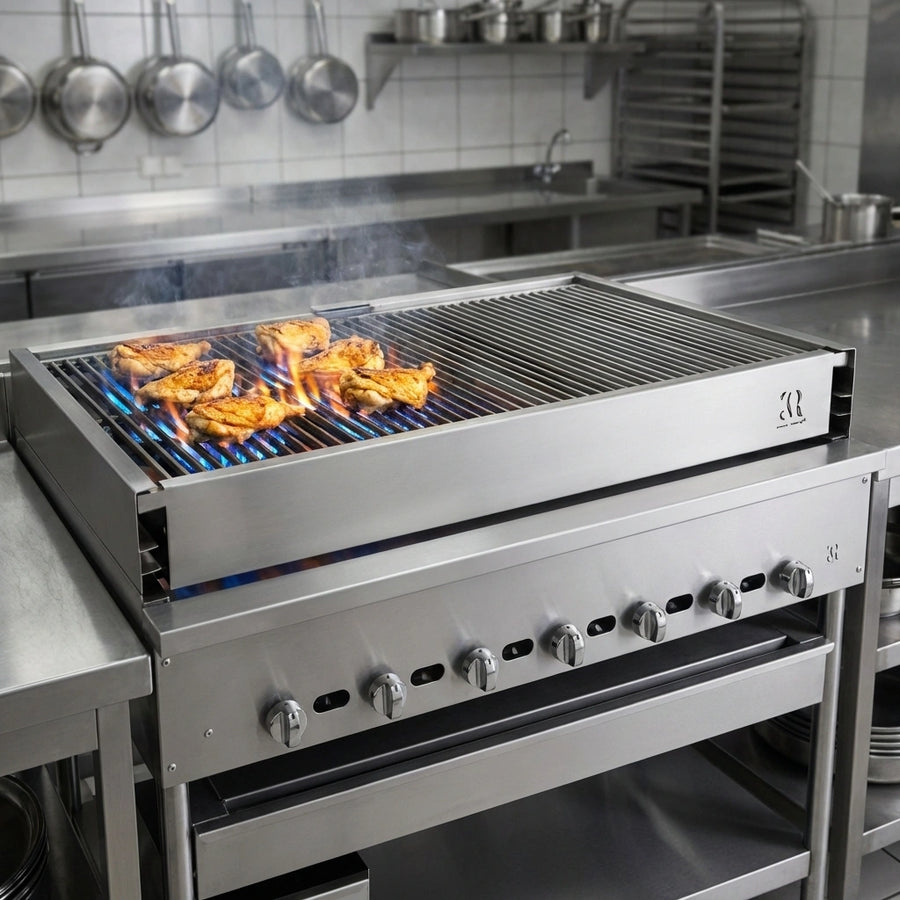 Experience precise zonal cooking with the high-production chicken broiler's seven independently controlled burners, perfect for versatile kitchen demands.