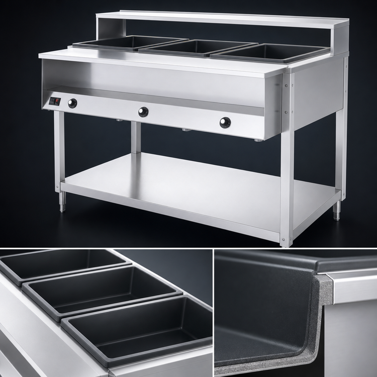Product image #4 for Vollrath ServeWell® 4-Well Sealed-Well Electric Hot Food Table with Open Shelf Base, Plate Shelf and Cutting Board