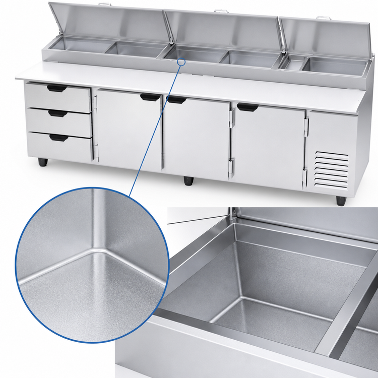 Product image #4 for Beverage-Air DPD119HC-3 Four-Section Refrigerated Deli/Pizza Prep Table with 3 Doors and 3 Drawers