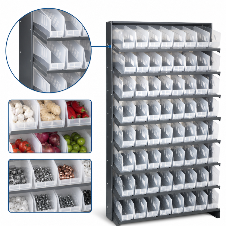Product image #4 for Quantum Sloped Single-Sided Pick Rack with 8 Shelves and 64 Clear Bins