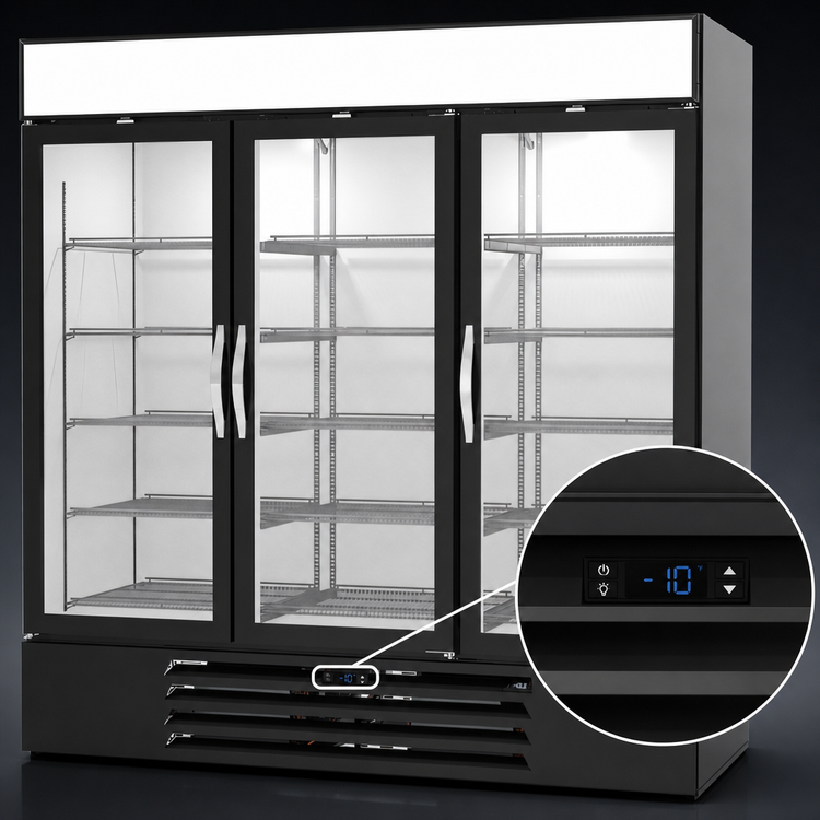 Product image #4 for Beverage-Air MarketMax Three-Section Reach-In Glass Door Freezer Merchandiser, 68.43 Cu. Ft., Bottom-Mounted Self-Contained, Black