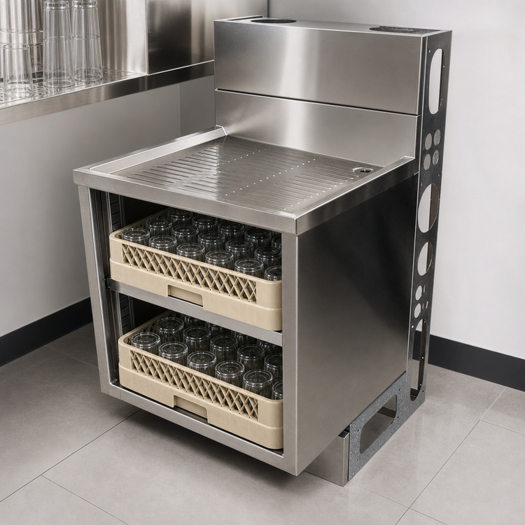 Product image #5 for BK Resources UBDW-21-GC241 24-Inch Stainless Steel Underbar Glass Rack Cabinet with Drainboard Top, Adjustable Shelf, and 3-Inch Backsplash