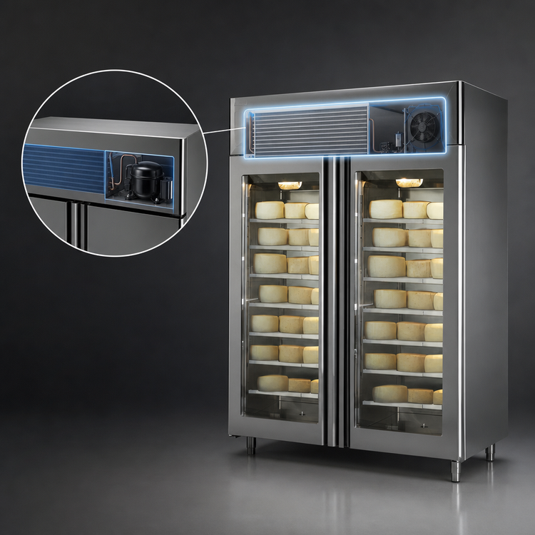 Product image #4 for Affinacheese® Twin Section Reach-In Cheese Drying Cabinet with Full Hinged Glass Display Doors, 220 + 220 lb Capacity, Self-Contained Top-Mounted Refrigeration