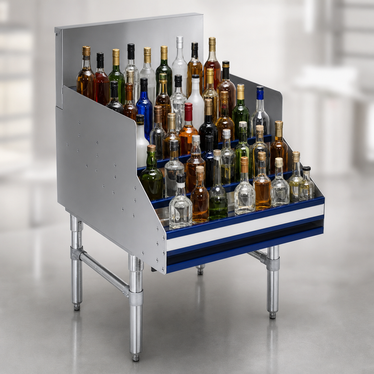 Product image #4 for Advance Tabco Prestige Supreme Freestanding 5-Step Stainless Steel Liquor Bottle Display Unit, 36-Inch Wide, 45-Bottle Capacity