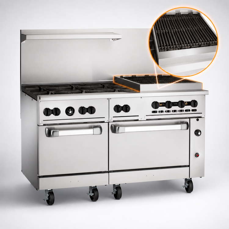 Product image #4 for Vulcan Endurance 60-Inch LP Gas Restaurant Range with 6 Open Burners, 24-Inch Charbroiler, Standard Oven, and Convection Oven