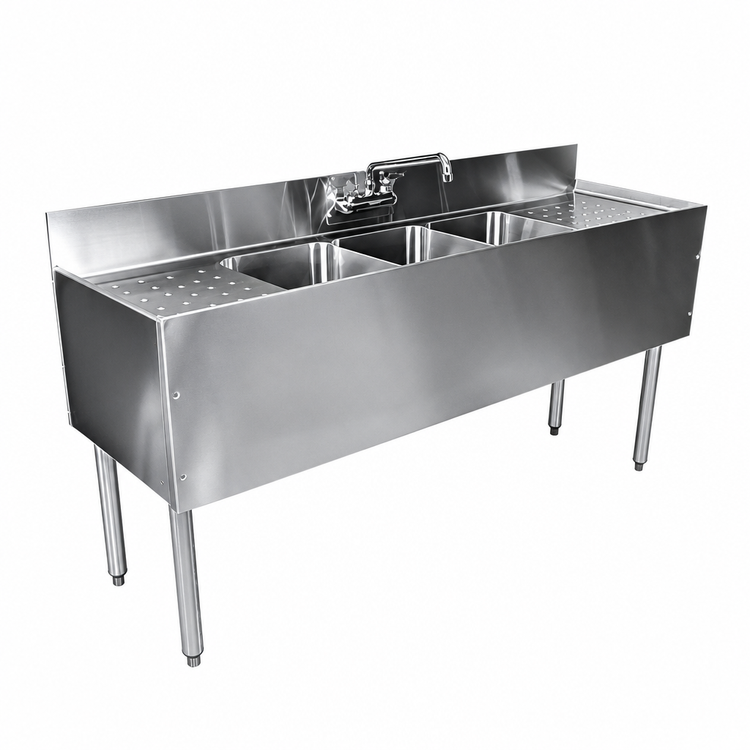 Product image #4 for CHOICE by Glastender Four-Compartment Stainless Steel Underbar Sink Unit, 84 Inch W x 19 Inch D, with Dual Drainboards