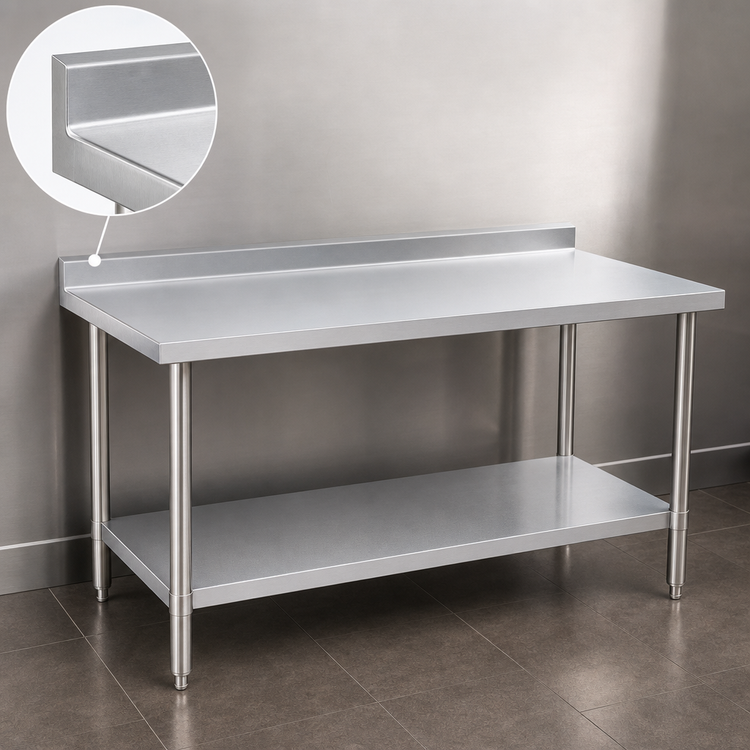 Product image #4 for 84-Inch x 30-Inch 16-Gauge 430 Stainless Steel Work Table with 2-Inch Rear Up-Turn and Undershelf