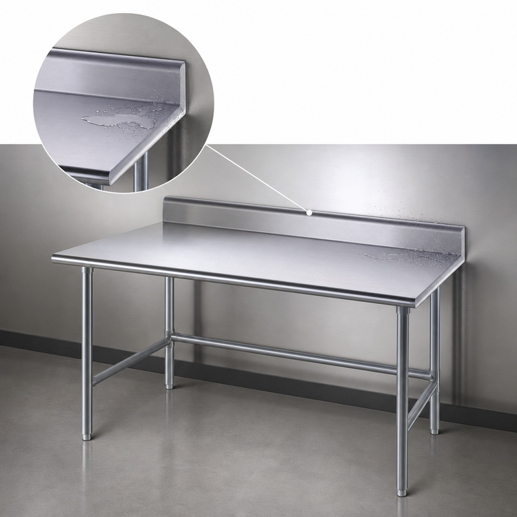 Product image #4 for Advance Tabco 108-Inch x 36-Inch 14-Gauge 304 Stainless Steel Work Table with 5-Inch Backsplash and Galvanized Open Base