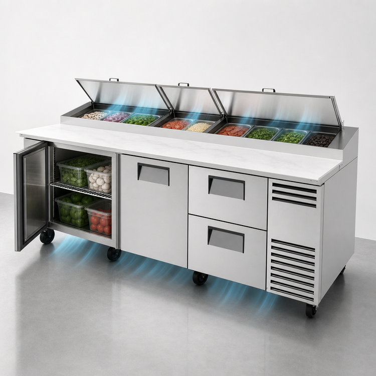 Product image #4 for True 119-1/4-Inch Pizza Prep Table with 3 Solid Doors, 2 Drawers and Alternate Top, R290 Self-Contained Refrigeration