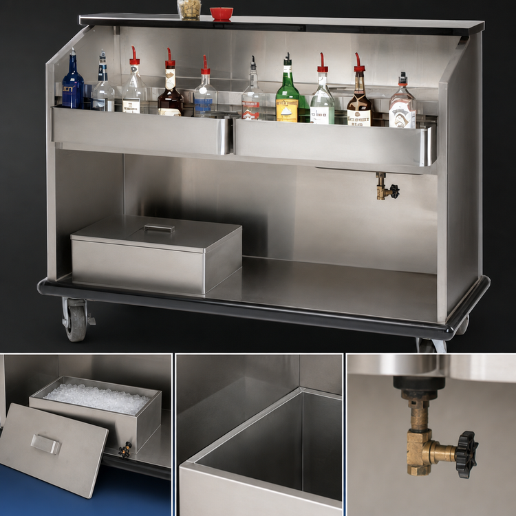 Product image #5 for Advance Tabco 74 3/8 Inch Heavy Duty Portable Bar with Stainless Steel Workboard, Ice Bin and Bottle Troughs