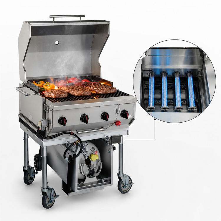 Product image #4 for Magicater 30-Inch Transportable Liquid Propane Charbroiler with 4 Burners and Roll-Top Hood