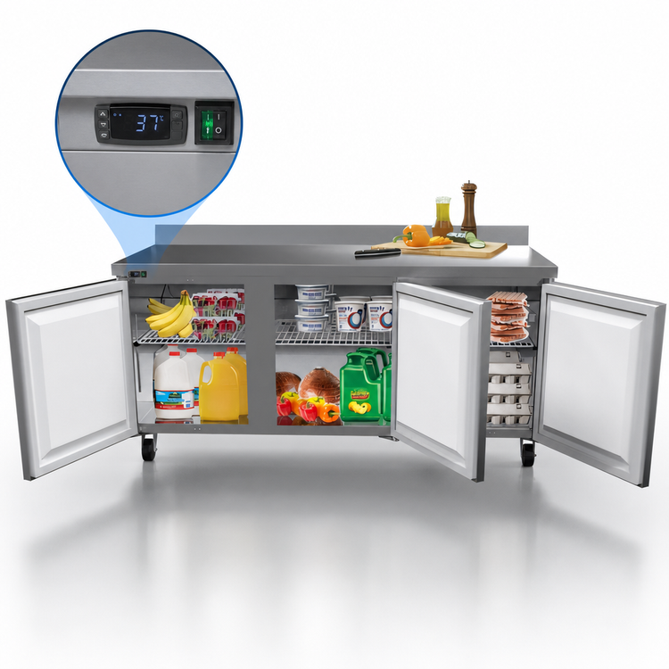 Product image #4 for KoolMore 71-1/2 Inch 3-Door Worktop Refrigerator with 3-1/2 Inch Backsplash, 16.9 Cu. Ft., Stainless Steel
