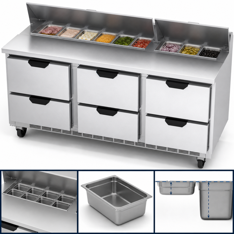 Product image #5 for Beverage-Air 72-Inch Three-Section Refrigerated Sandwich Prep Table with 6 Drawers and 18-Pan Capacity