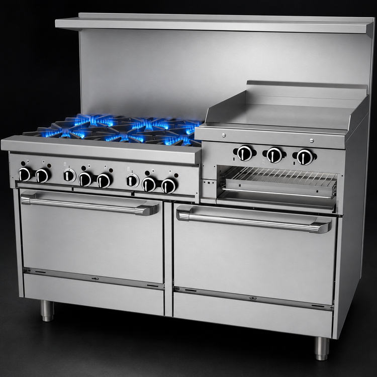 Product image #4 for Garland GF Starfire Pro 60-Inch Commercial Gas Range with 6 Open Burners, Right-Side 24-Inch Raised Griddle/Broiler and 2 Standard Ovens