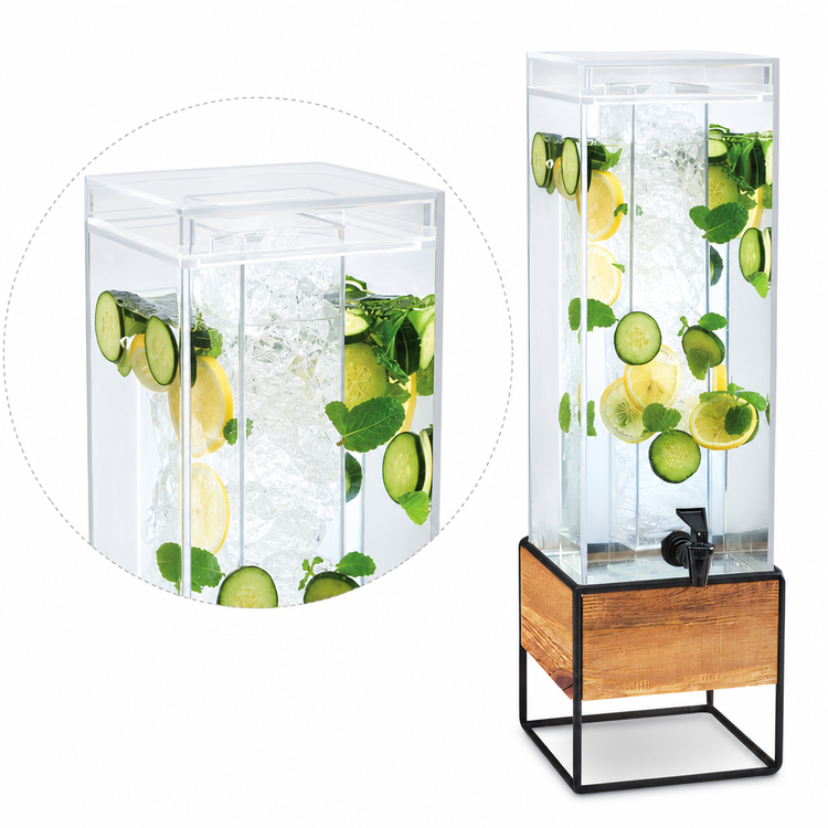 Product image #4 for Madera 3-Gallon Square Beverage Dispenser with Ice Chamber, Lid, Spigot, Rustic Pine Panels and Black Metal Frame