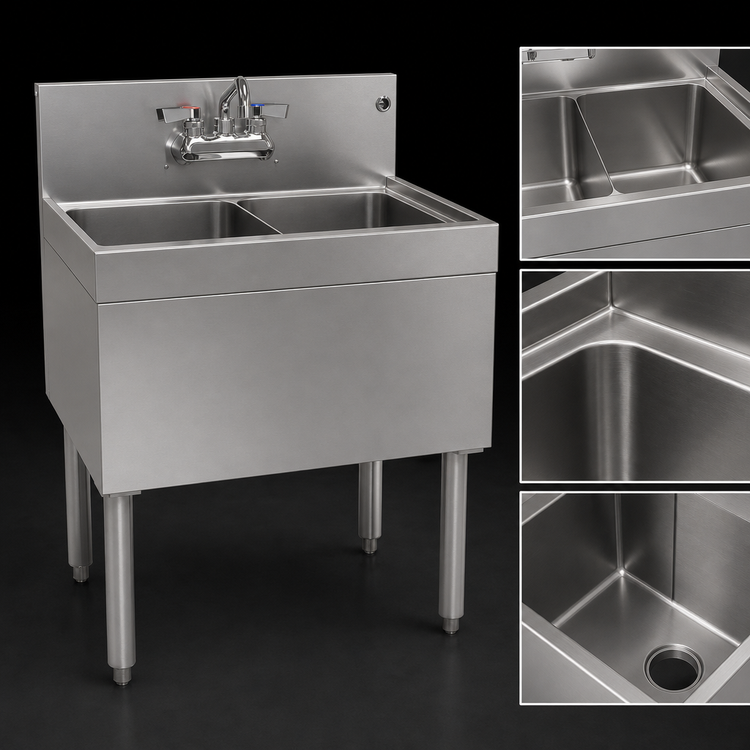 Product image #4 for Glastender Two-Compartment Underbar Sink Unit with Backsplash-Mounted Faucet, 24 x 19 Inches, Stainless Steel