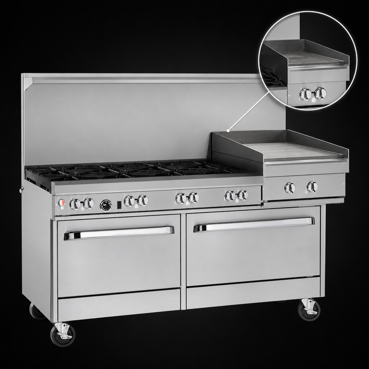 Product image #4 for Southbend Ultimate 60-Inch Gas Restaurant Range with 6 Burners, 24-Inch Raised Griddle/Broiler, Convection Oven and Cabinet Base