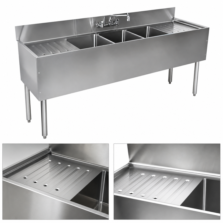 Product image #4 for CHOICE Four-Compartment Underbar Sink Unit with Dual 24-Inch Drainboards, 96-Inch Wide, 19-Inch Deep