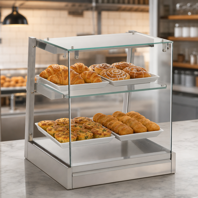 Product image #4 for Antunes Countertop Heated Display Cabinet, Two-Tier, Open-Back, Straight Glass Front, 23 3/4-Inch Wide