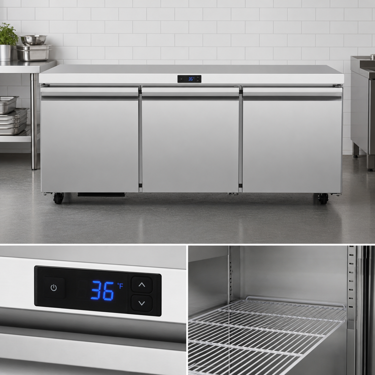 Product image #3 for Atosa 72-5/8-Inch 3-Section Undercounter Reach-In Refrigerator, Rear-Mounted Self-Contained, Solid Doors, 18.2 Cu. Ft.