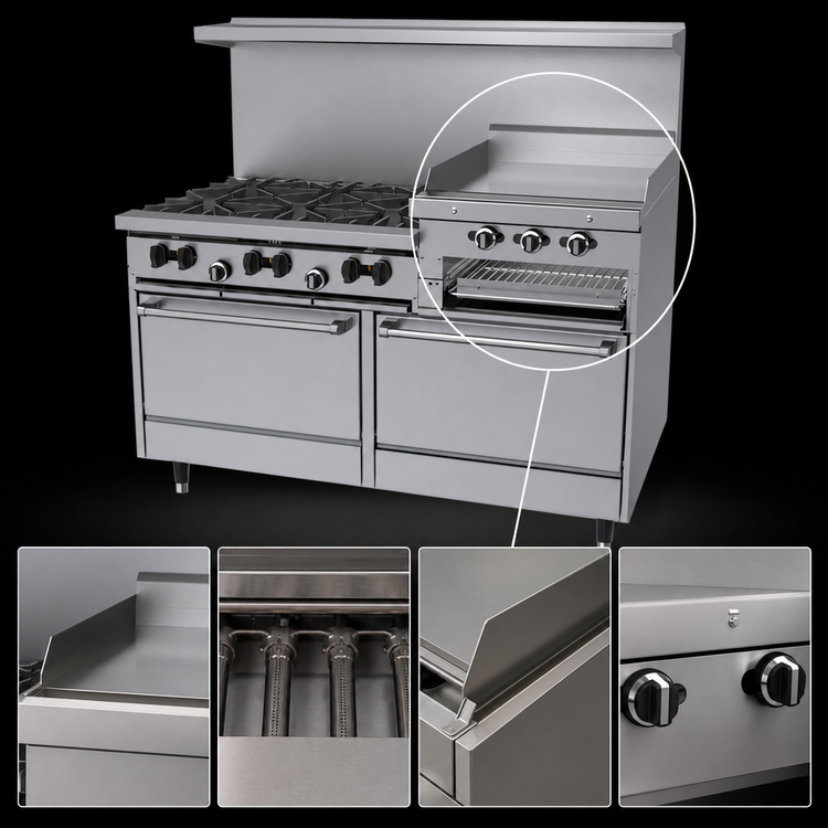 Product image #4 for Garland SunFire X-Series 60-Inch Gas Restaurant Range with 6 Open Burners, 24-Inch Raised Griddle/Broiler, and 2 Standard Ovens