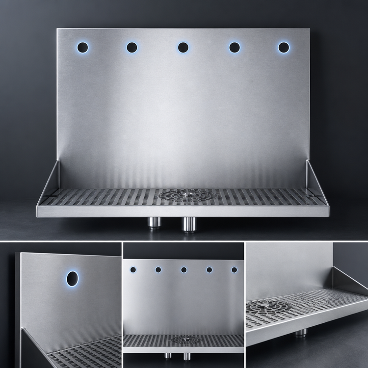 Product image #4 for Micro Matic Wall-Mount 16-Inch Stainless Steel Drip Tray Trough with Integral Glass Rinser, 5 Faucet Holes