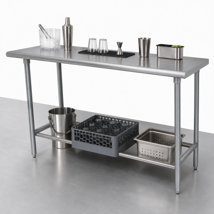 Product image #4 for Advance Tabco 108-Inch Wide x 30-Inch Deep Underbar Work Table with 16-Gauge 304 Stainless Steel Top and Open Base
