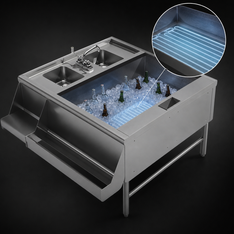 Product image #4 for Advance Tabco Prestige Double Service Station with Pass-Thru Ice Bin, 10-Circuit Cold Plate and 2 Hand Sinks, 42 x 42 Inches