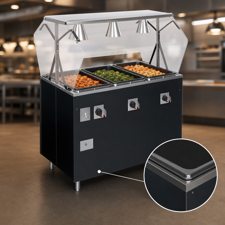 Product image #4 for Vollrath 2-Series Affordable Portable Deluxe 3-Well Mobile Hot Food Station with Breath Guard and Lights