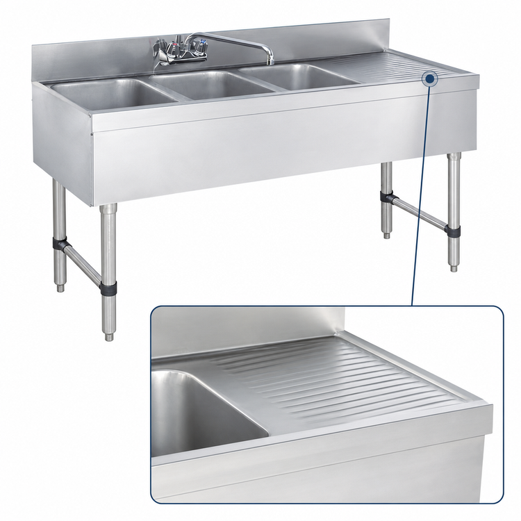 Product image #4 for Advance Tabco Special Value Series 3-Compartment Stainless Steel Underbar Sink Unit with Right-Hand Drainboard and Splash-Mount Faucet, 48-Inch Wide