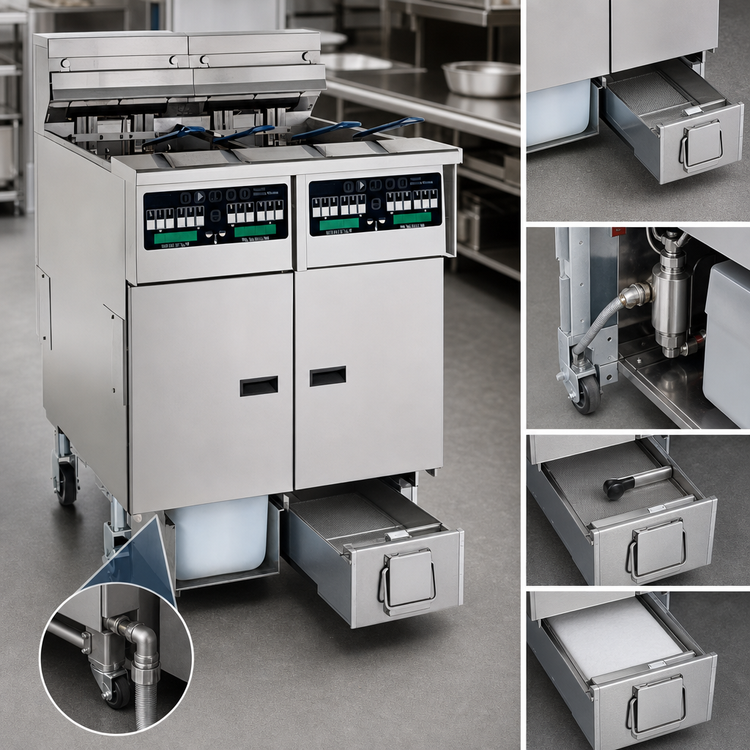 Product image #4 for Pitco Solstice SELV14C/14T-2/FD Reduced Oil Volume 3-Fryer Electric Fryer System with Built-In Filter Drawer