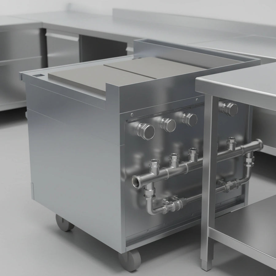 This image showcases the versatile, multi-point gas connection options on the 36-inch modular gas plancha range, ensuring flexible installation for any kitchen.