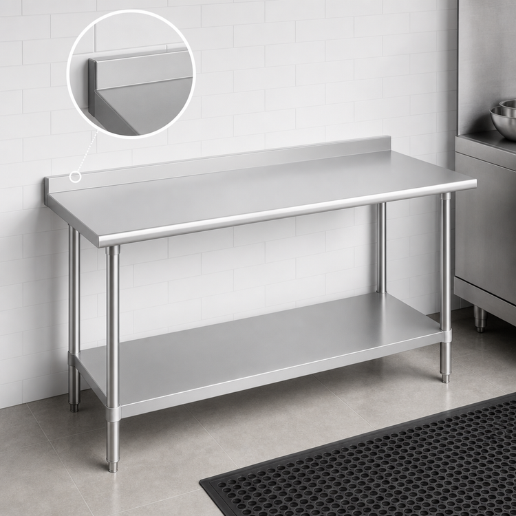 Product image #4 for Duke 84" x 36" 14-Gauge 300 Series Stainless Steel Work Table with 1-1/8" Straight Riser and Galvanized Undershelf