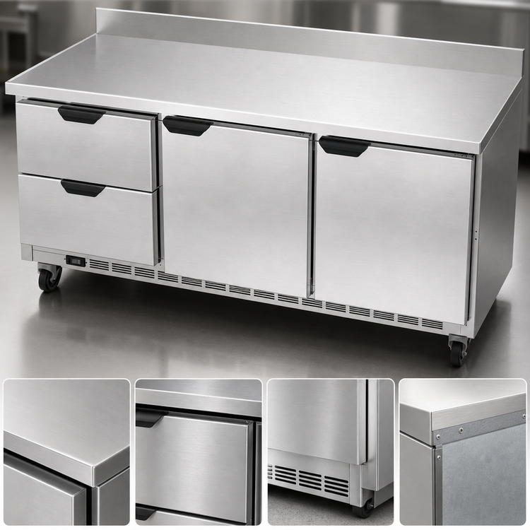 Product image #4 for Beverage-Air Three-Section Worktop Refrigerator with 2 Drawers and 2 Doors, 72 Inch, Stainless Steel, Rear-Mounted Self-Contained R290