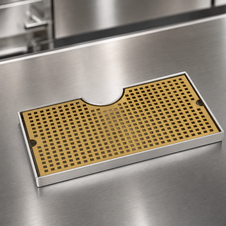 Product image #4 for 18" x 9" Surface-Mount Stainless Steel Drip Tray Trough with Perforated PVD Brass Screen