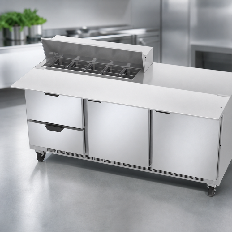 Product image #5 for Beverage-Air SPED72HC-10C-2 72-Inch Three-Section Sandwich Prep Table Refrigerated Counter with 10-Pan Top, 2 Doors, and 2 Drawers