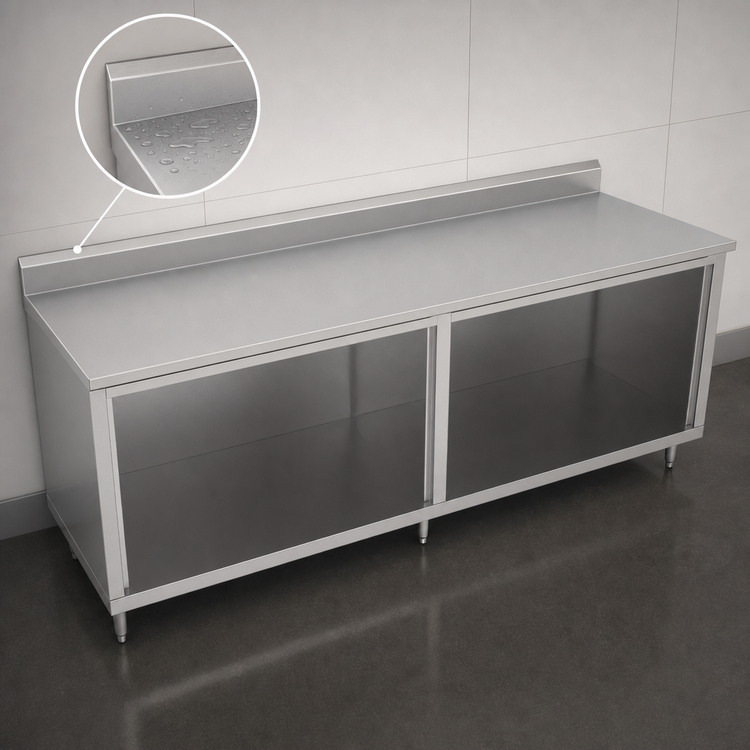 Product image #4 for John Boos Stainless Steel Underbar Work Table with Open Front Cabinet Base, 108" W x 36" D, 5" Backsplash