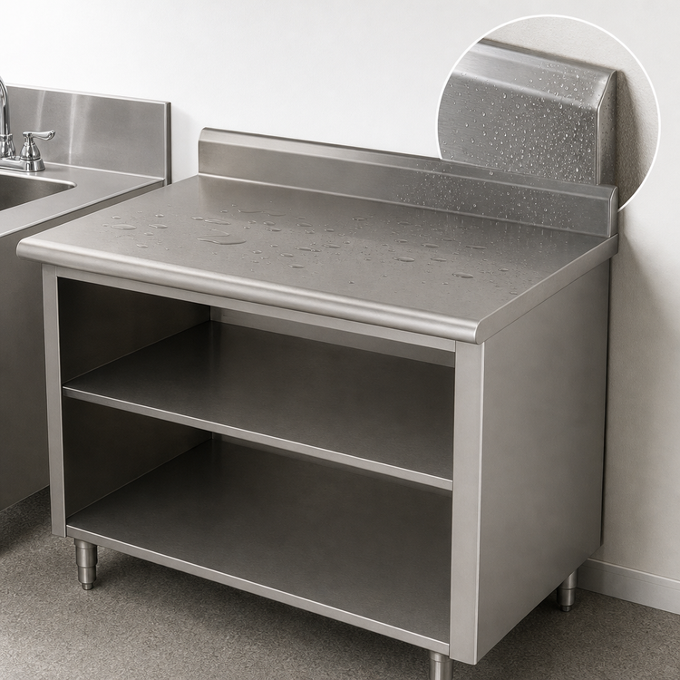 Product image #4 for Advance Tabco 108-Inch x 24-Inch 14-Gauge 304 Stainless Steel Work Table with Open Front Cabinet Base and 5-Inch Backsplash