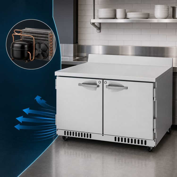 Product image #4 for Turbo Air PRO Series 48-1/4-Inch Two-Section Front Breathing Worktop Freezer with Solid Swing Doors