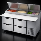 Thumbnail image #4 for Beverage Air DPD67HC-4 67-Inch Two-Section Pizza Prep Table with 4 Drawers, 3-Pan Top and 19-Inch Poly Cutting Board