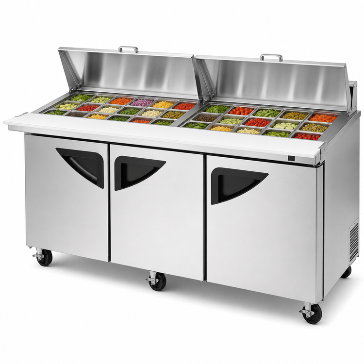 Product image #4 for Turbo Air Super Deluxe 72-5/8-Inch Three-Section Sandwich/Salad Mega Top Prep Table with Dual-Sided Lids