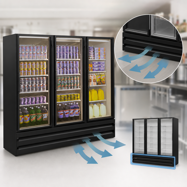 Product image #4 for Howard-McCray Three-Section Bottom-Mount Hinged Glass Door Refrigerator Merchandiser, 65 Cu. Ft., Black