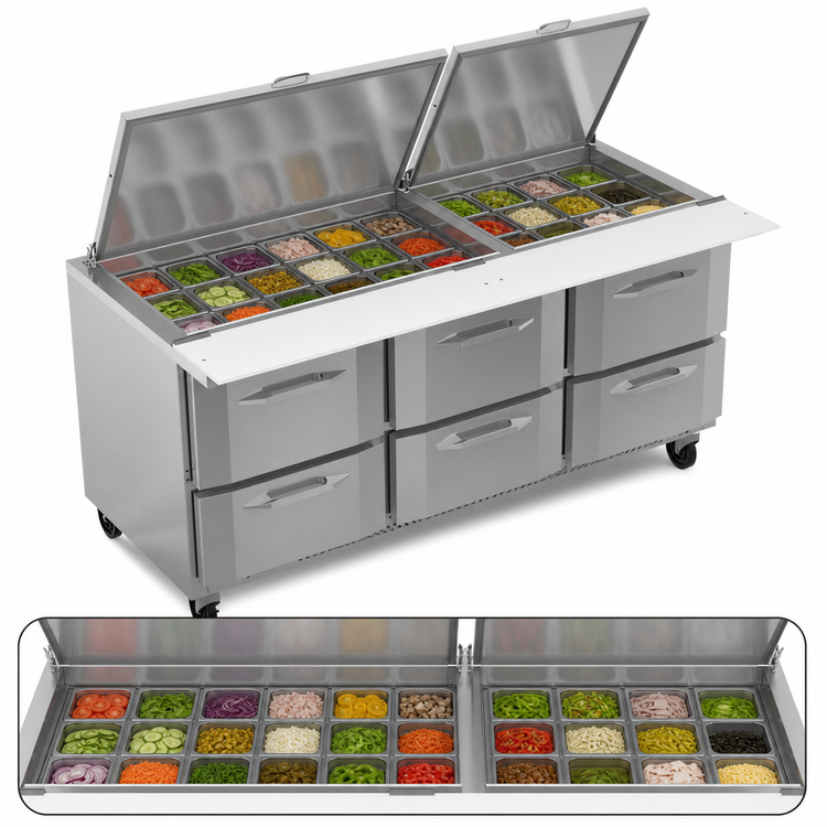 Product image #5 for Victory UltraSpec™ V-Core™ Three-Section Big Top Sandwich Prep Table, 72-Inch, 6-Drawer, 30-Pan Top