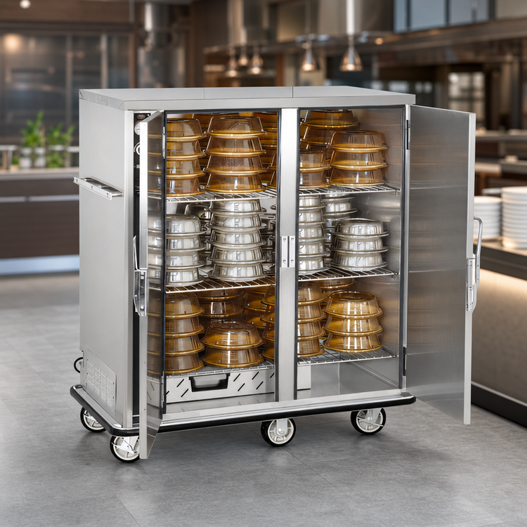Product image #5 for FWE P-Series Electric Heated Banquet Cart Holding Cabinet with Double Doors, 120 Covered Plate Capacity