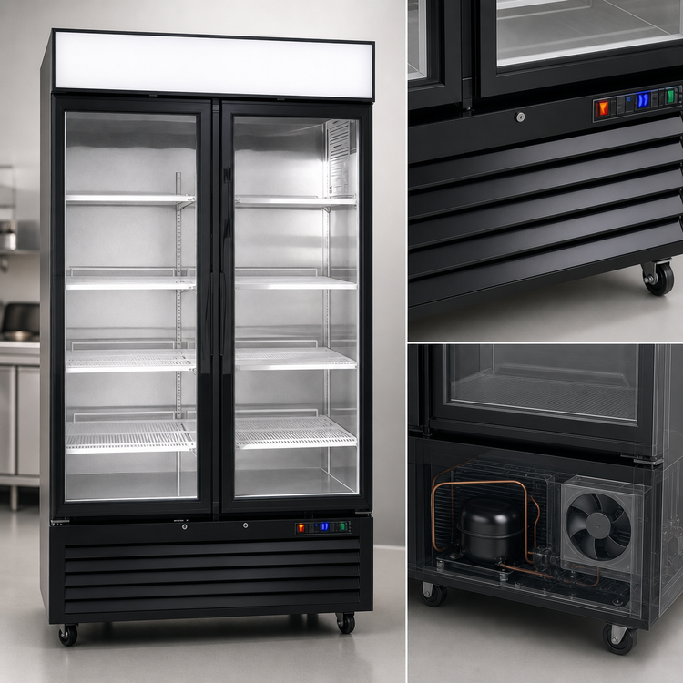 Product image #4 for Atosa Two-Section Glass Door Refrigerator Merchandiser, 28.5 Cu. Ft., Bottom-Mount Self-Contained, Black