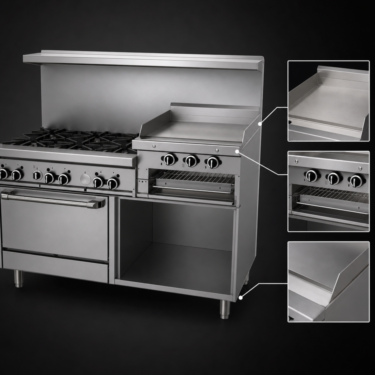 Product image #4 for Garland GFE60-6R24RS Starfire Pro 60" Gas Restaurant Range with 6 Open Burners, 24" Raised Griddle/Broiler, Standard Oven, and Storage Base