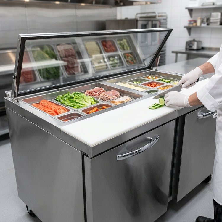 Product image #3 for Continental Refrigerator Mighty Top SW60N24M-HGL 60" Two-Section Refrigerated Sandwich Prep Table with Hinged Glass Lid