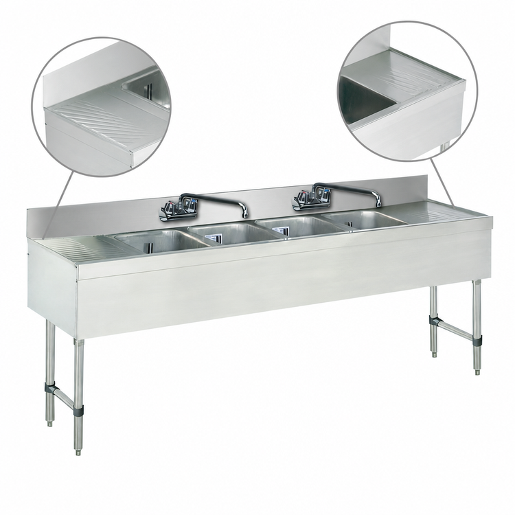 Product image #4 for Advance Tabco Special Value Series 84-Inch 4-Compartment Stainless Steel Bar Sink with Left and Right Drainboards and Splash-Mount Faucets