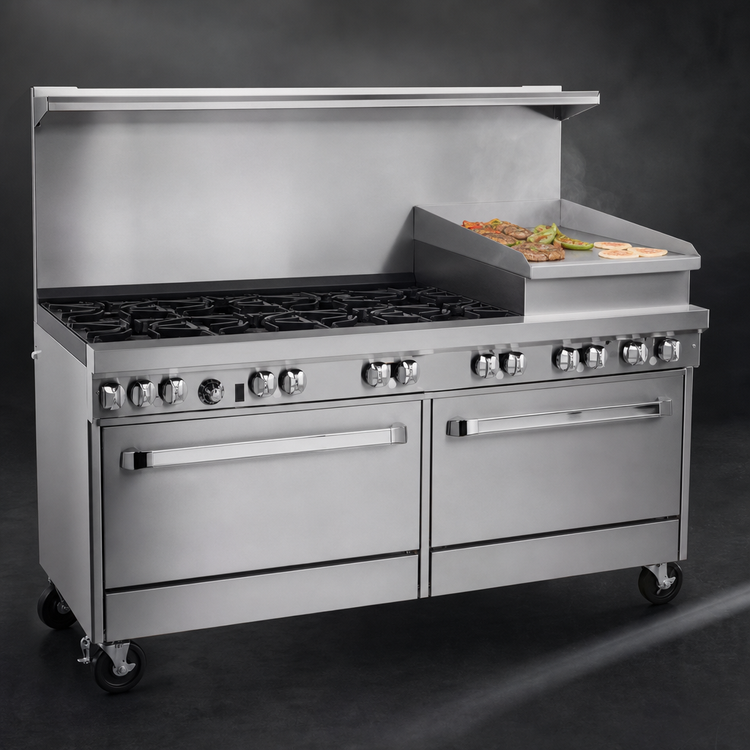 Product image #4 for Ultimate 60-Inch Gas Restaurant Range with 5 Burners, 24-Inch Raised Griddle/Broiler, Convection Oven, and Cabinet Base